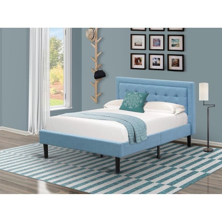 East West Furniture East West Furniture FNF-11-F Fannin Platform Full Size Bed Frame - Denim Blue Linen Fabric Upholestered Bed Headboard with Button Tufted Trim Design - Black Legs FNF-11-F